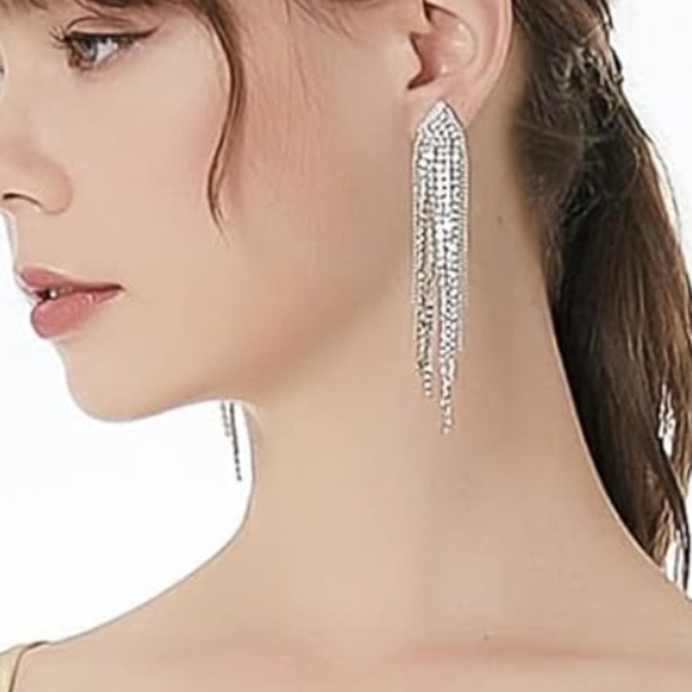 ✨ADD-ON✨NWT Silver Rhinestone Long, Dangle Tassel Drop Earrings